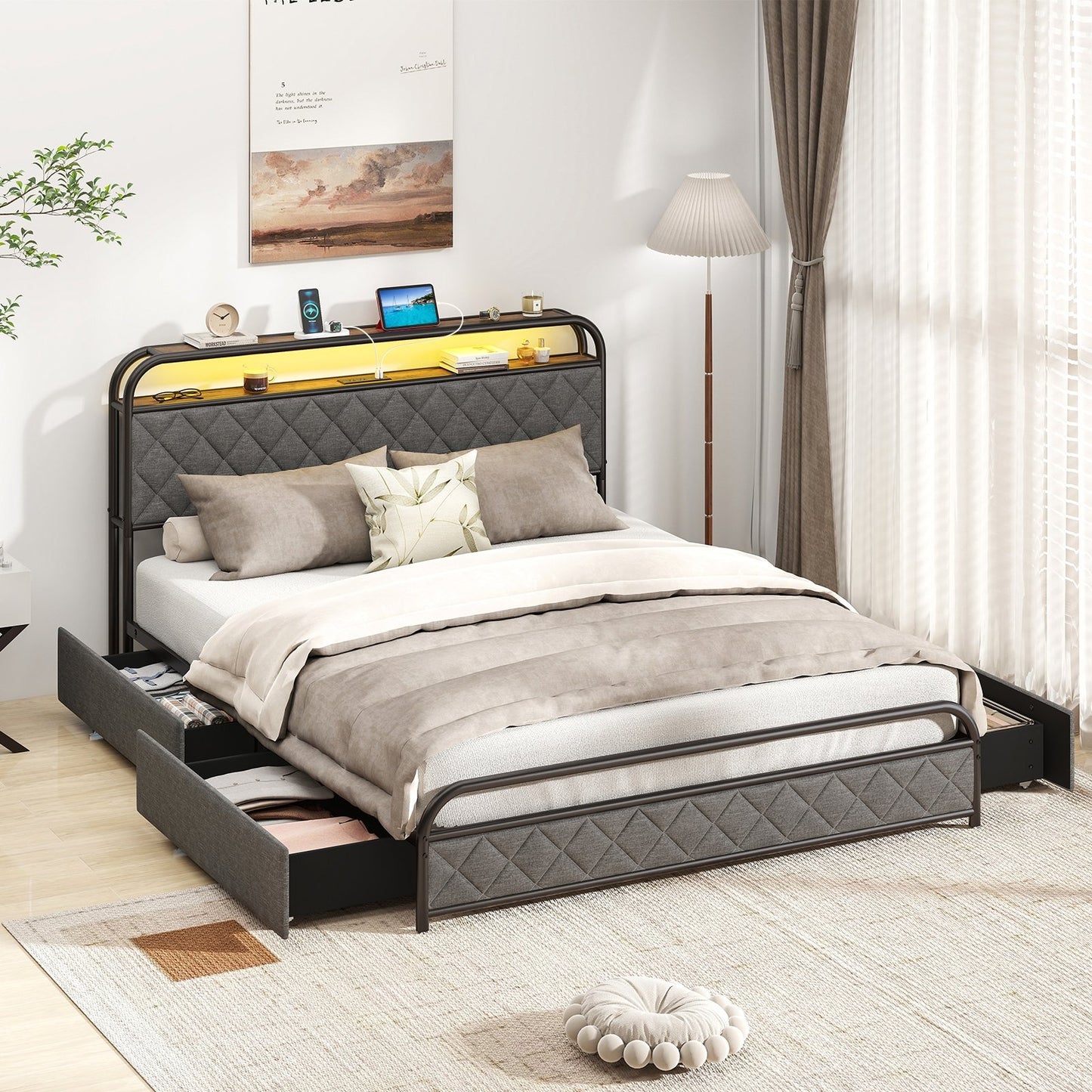 Twin/Full/Queen Size Bed Frame with LED Lights and Charging Station-Twin Size