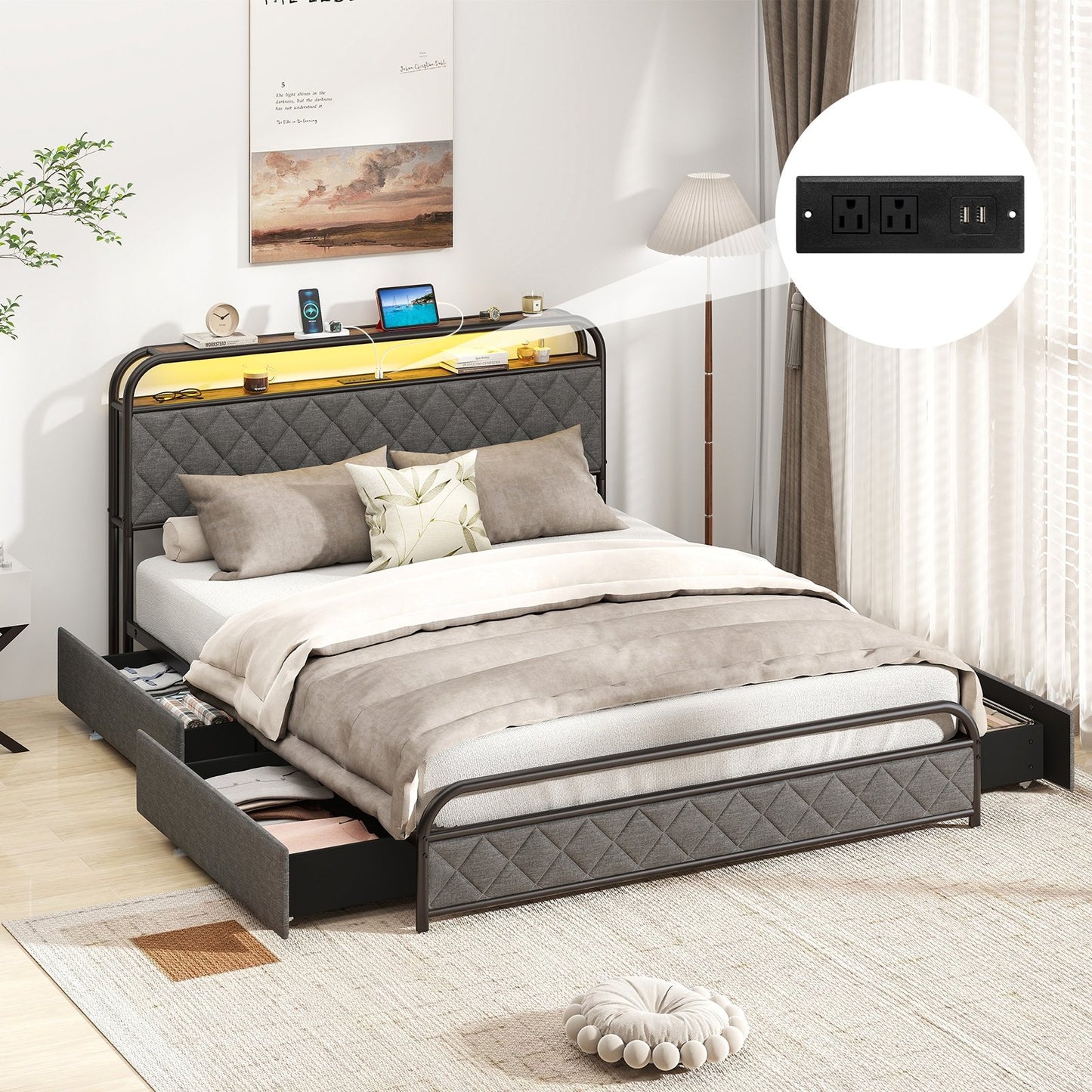 Twin/Full/Queen Size Bed Frame with LED Lights and Charging Station-Twin Size