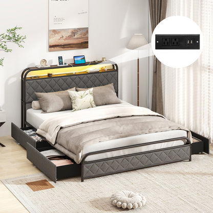 Twin/Full/Queen Size Bed Frame with LED Lights and Charging Station-Twin Size