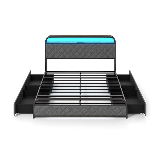 Queen size bed frame with integrated LED lights and charging station, modern furniture for bedroom comfort and convenience.