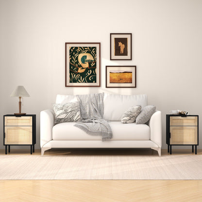 Set of two black rattan nightstands with drawers and cabinets, modern bedroom furniture by Wilsons Home Store.