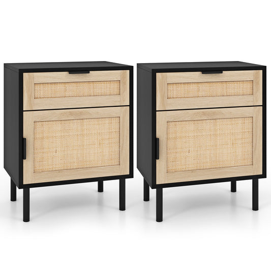 Pair of black rattan nightstands with drawers and cabinets, modern bedroom furniture by Wilsons Home Store
