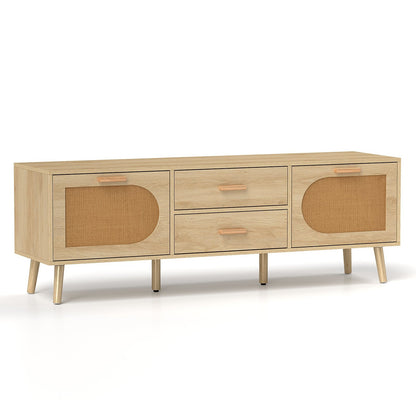 Rattan TV Stand for 65-Inch TV with Drawers and Solid Wood Legs-Natural