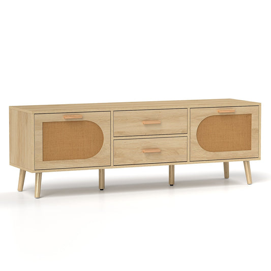 Rattan TV Stand for 65-Inch TV with Drawers and Solid Wood Legs-Natural