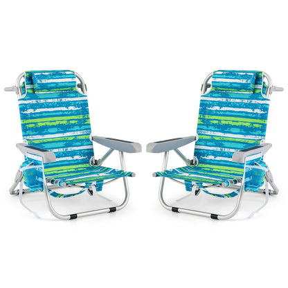 Foldable Backpack Beach Chair with Cup Holder and Storage Pockets Set of 2-Blue