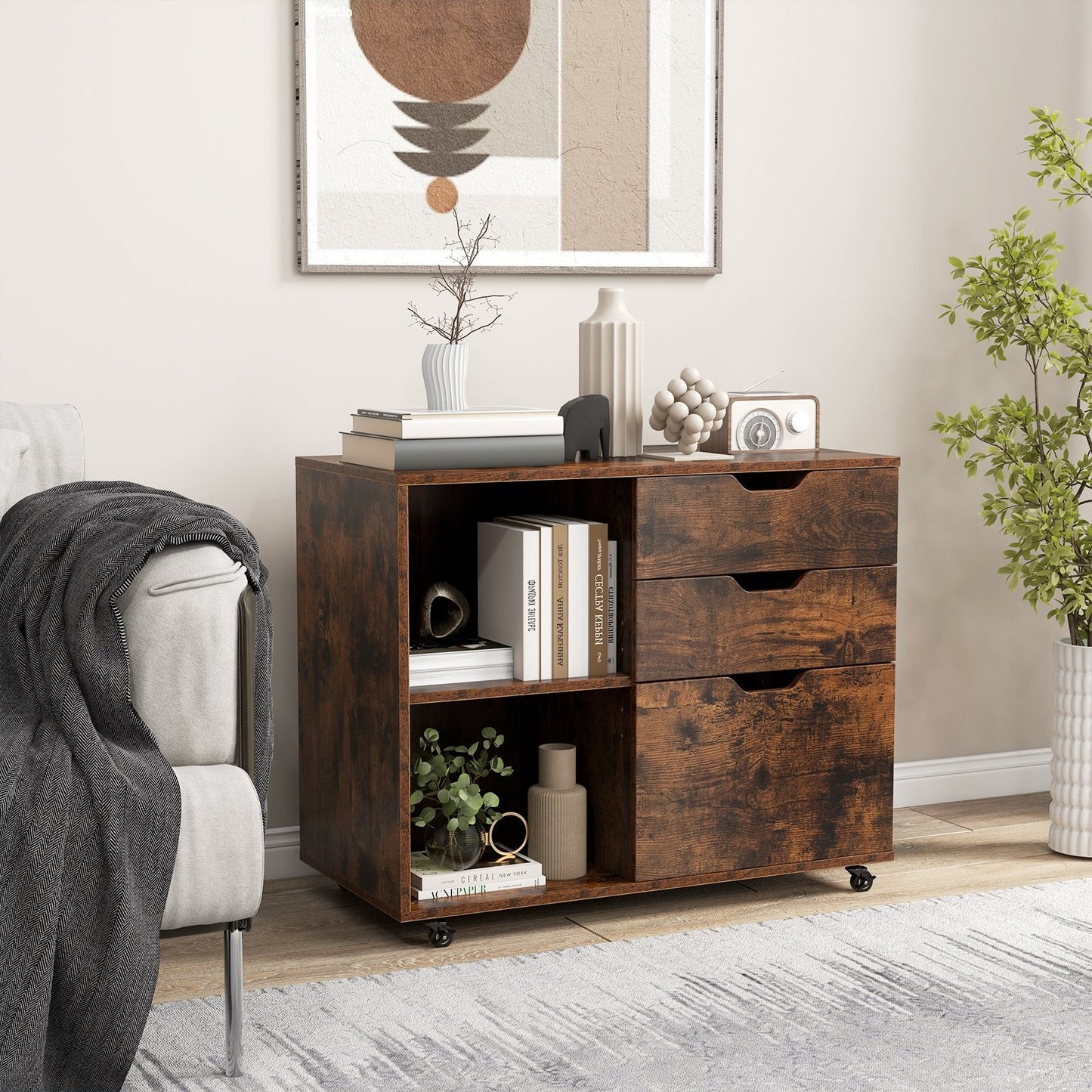 3-Drawer File Cabinet with Adjustable Shelf and Wheels for Letter-Black
