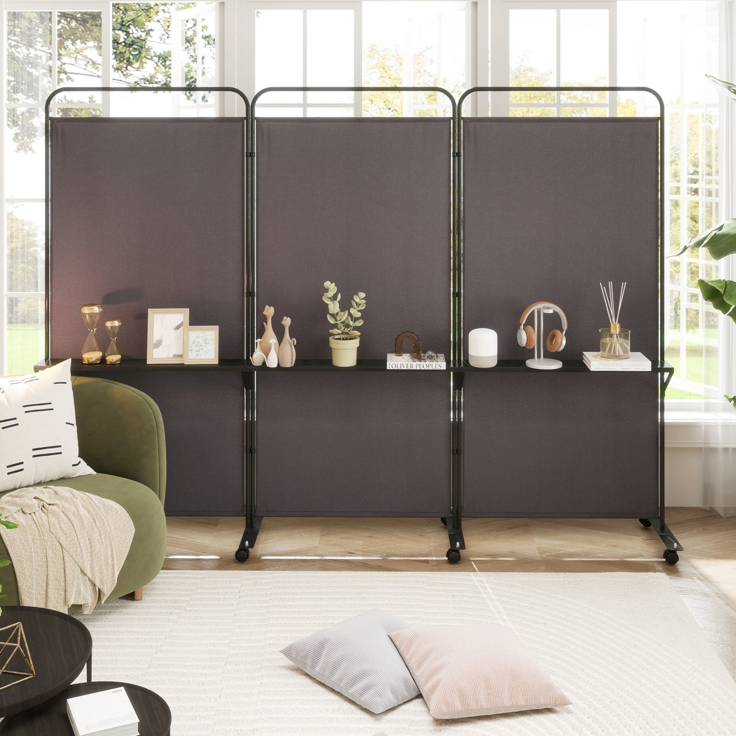 3-Panel Folding Room Divider with 3 Metal Shelves and Lockable Wheels-White