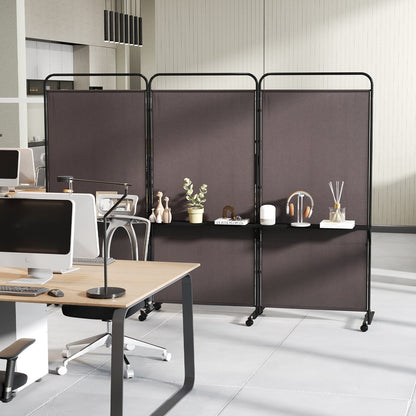 3-Panel Folding Room Divider with 3 Metal Shelves and Lockable Wheels-White