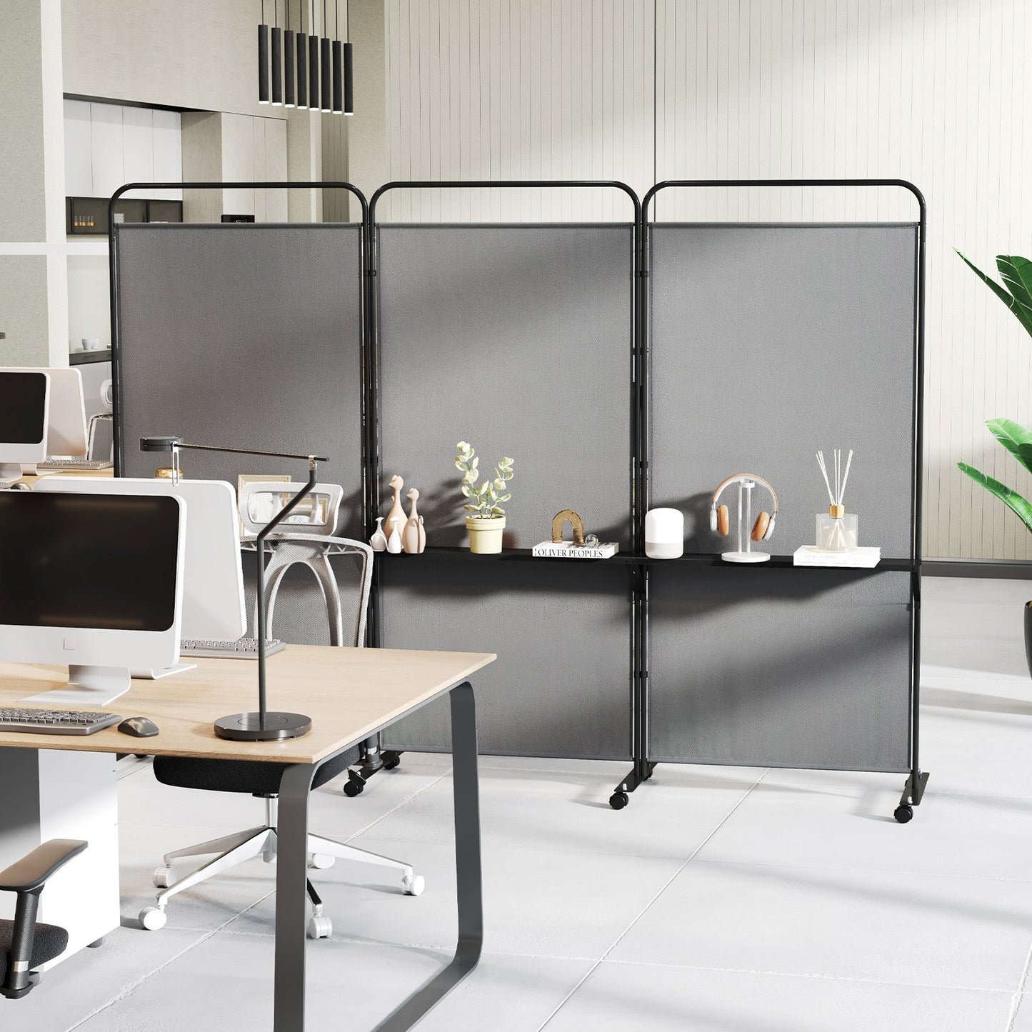 3-Panel Folding Room Divider with 3 Metal Shelves and Lockable Wheels-White
