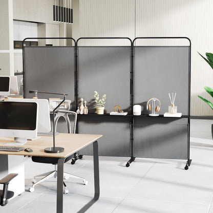 3-Panel Folding Room Divider with 3 Metal Shelves and Lockable Wheels-White