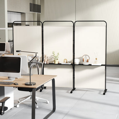 3-Panel Folding Room Divider with 3 Metal Shelves and Lockable Wheels-White