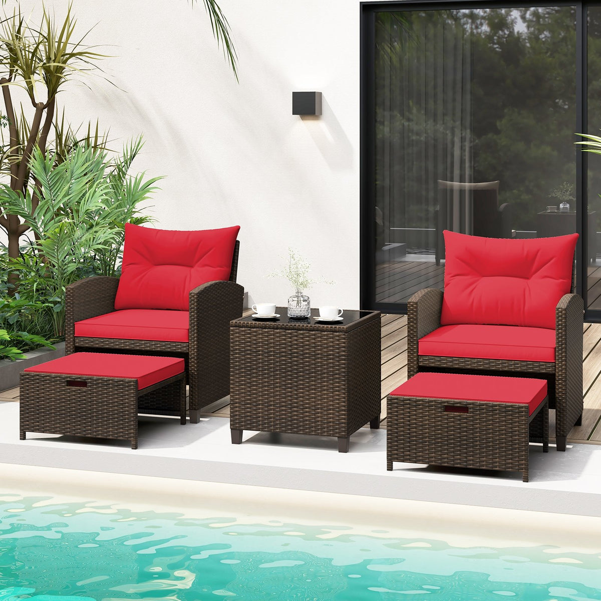 Beige 5-piece patio rattan furniture set with two ottomans and glass coffee table, outdoor conversation furniture by Wilsons Home Store