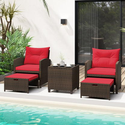 Beige 5-piece patio rattan furniture set with two ottomans and glass coffee table, outdoor conversation furniture by Wilsons Home Store