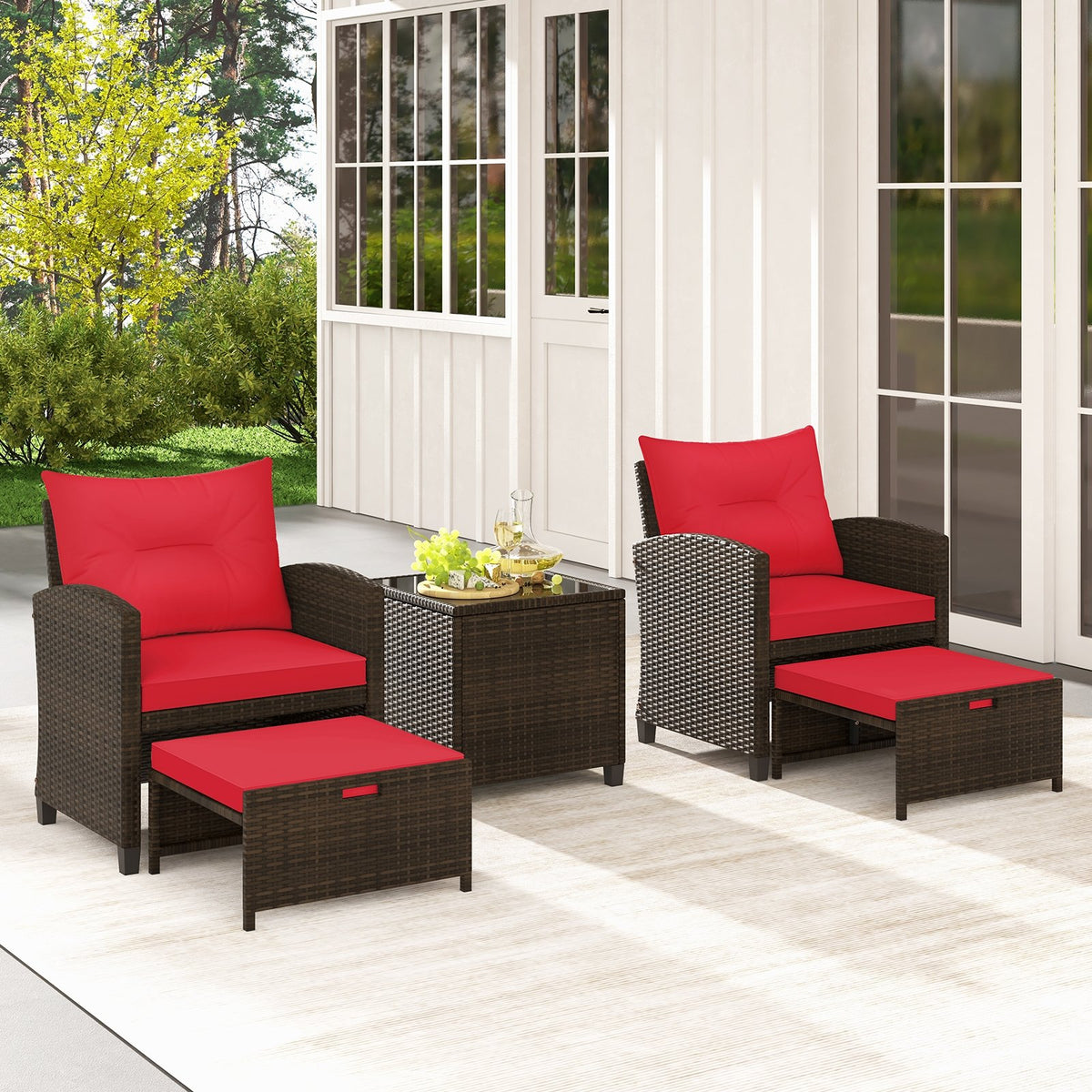 Beige 5-piece patio rattan furniture set with 2 ottomans and a tempered glass coffee table for outdoor patio seating.