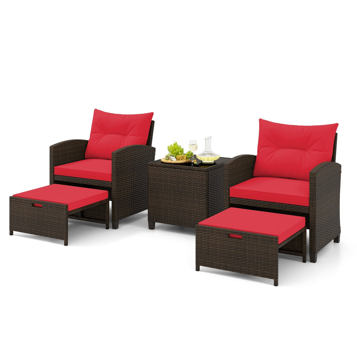 Beige 5-piece patio rattan furniture set with 2 ottomans and tempered glass coffee table for outdoor patio use.