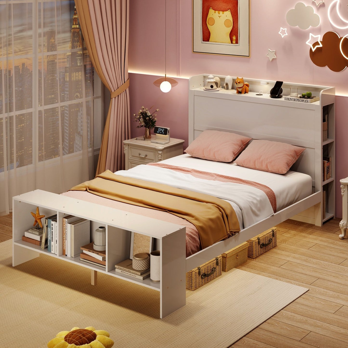 Twin Size Bed Frame with 2 USB Ports with Storage Headboard and Lights-Twin Size