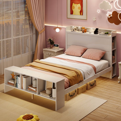 Twin Size Bed Frame with 2 USB Ports with Storage Headboard and Lights-Twin Size