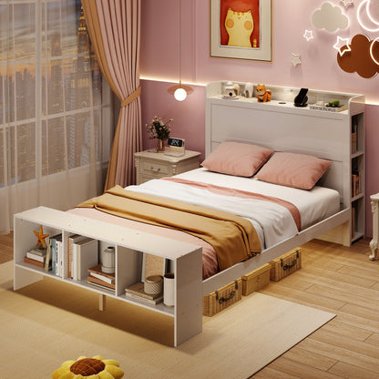Full Size Bed Frame with 2 USB Ports with Storage Headboard and Lights-Full Size