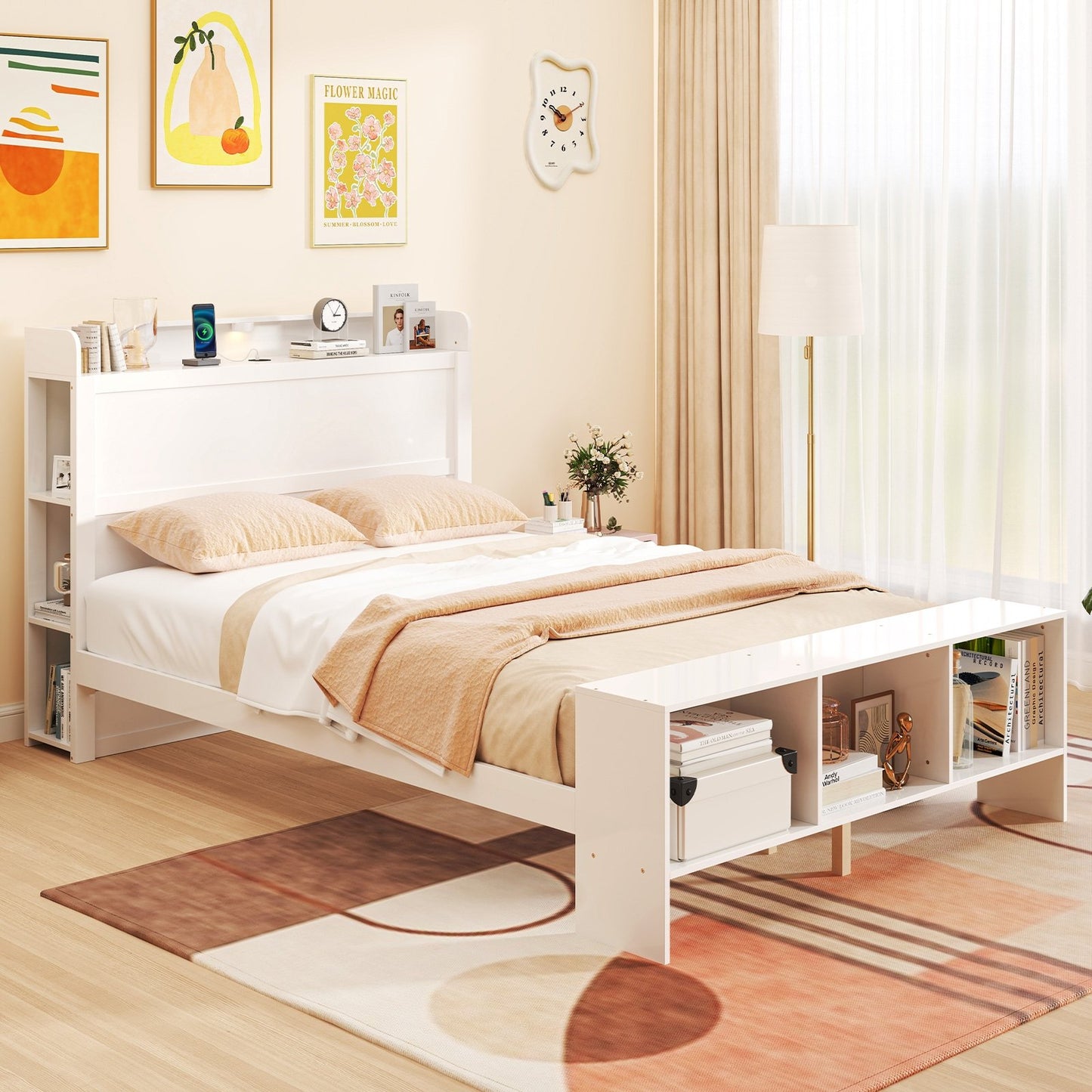Twin Size Bed Frame with 2 USB Ports with Storage Headboard and Lights-Twin Size