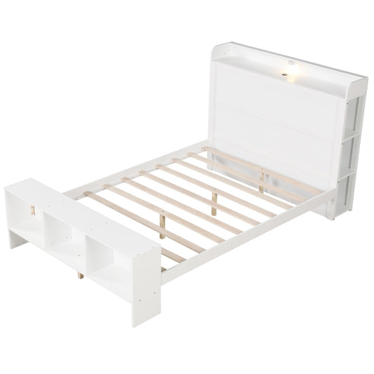 Full size bed frame with storage headboard, built-in lights, and 2 USB ports, in a modern bedroom setting.