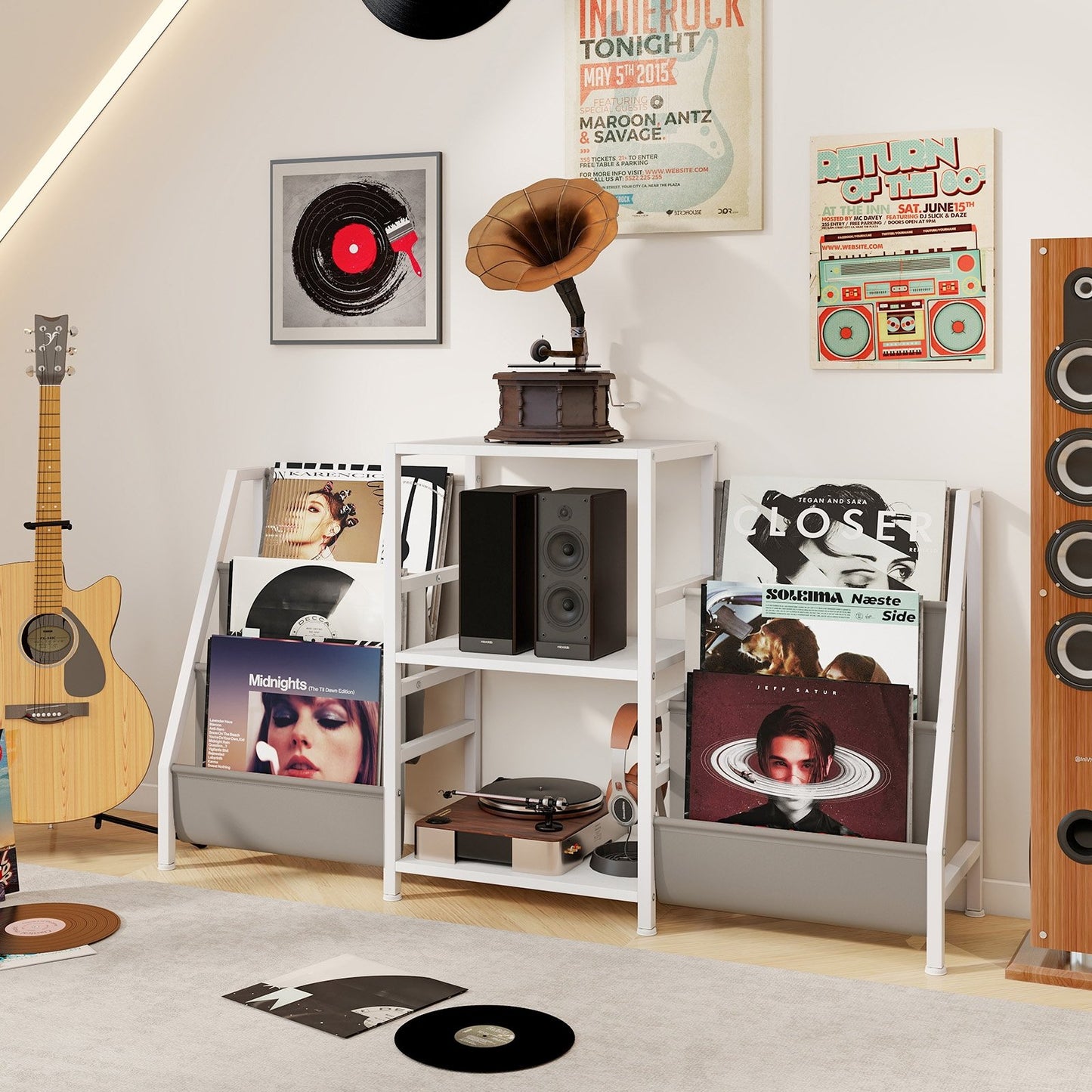 Record Player Stand for up to 200 Albums Turntable Display Stand with 3 Shelves-Rustic Brown