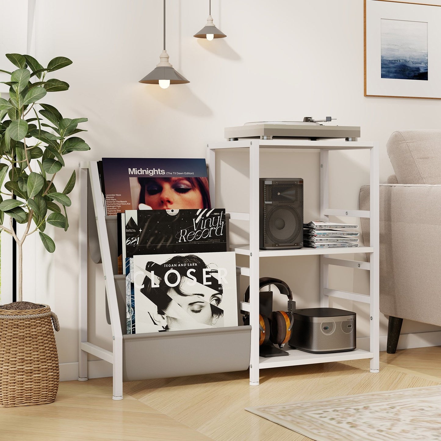 Record Player Stand for up to 200 Albums Turntable Display Stand with 3 Shelves-Rustic Brown