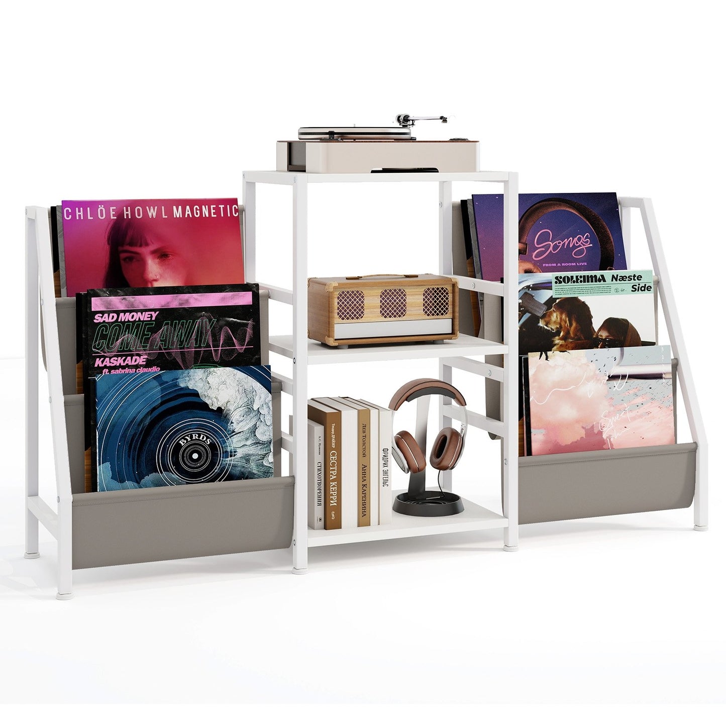 Record Player Stand for up to 200 Albums Turntable Display Stand with 3 Shelves-Rustic Brown