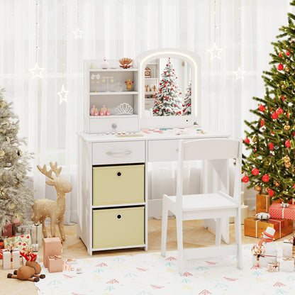 Kids Vanity Set with Lighted Mirror Makeup Desk and Chair Set with Drawers-Pink