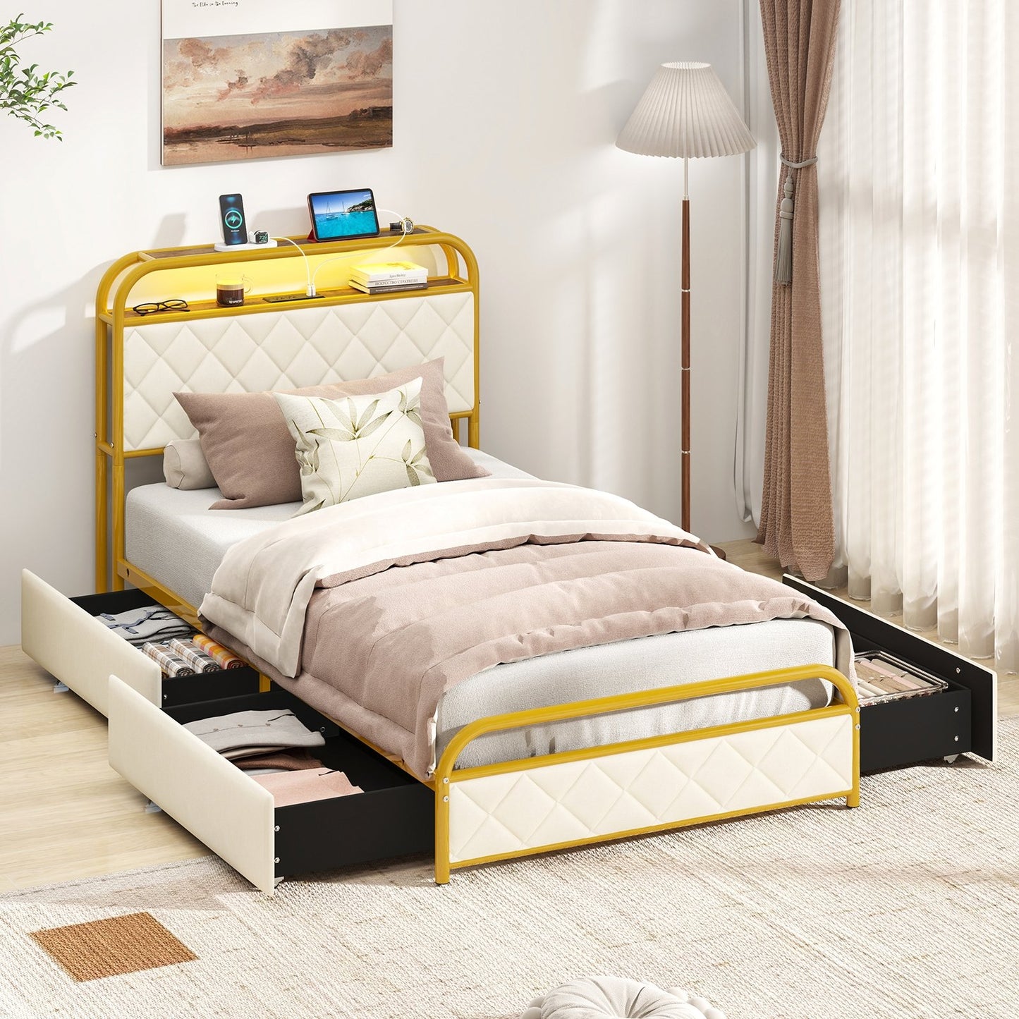 Twin/Full/Queen Size Bed Frame with LED Lights and Charging Station Gold-Full Size
