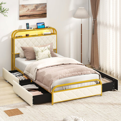 Twin/Full/Queen Size Bed Frame with LED Lights and Charging Station Gold-Full Size