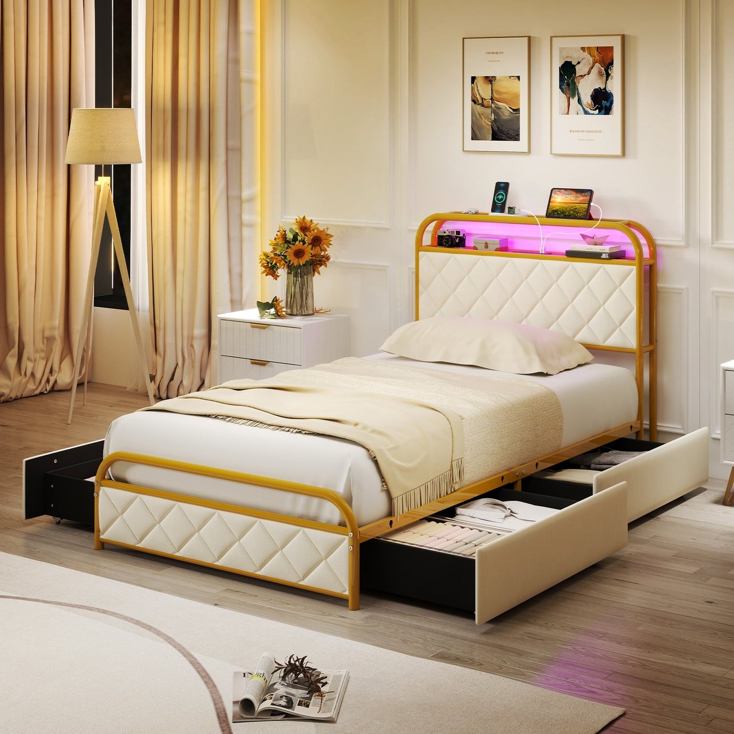 Twin/Full/Queen Size Bed Frame with LED Lights and Charging Station Gold-Full Size