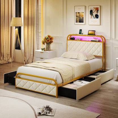 Twin/Full/Queen Size Bed Frame with LED Lights and Charging Station Gold-Full Size