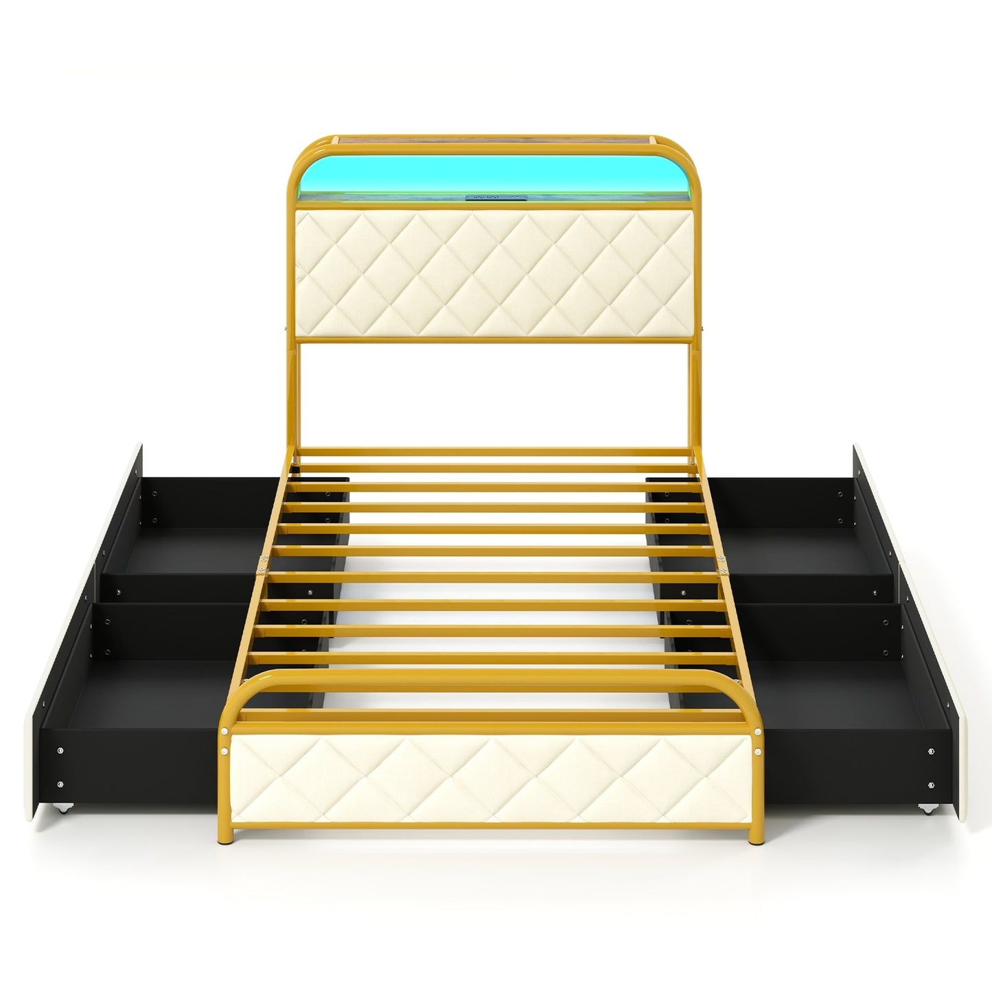 Twin/Full/Queen Size Bed Frame with LED Lights and Charging Station Gold-Full Size