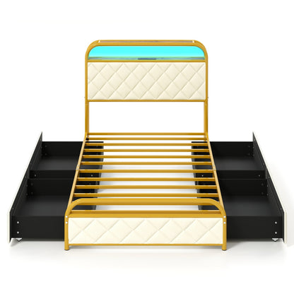 Twin/Full/Queen Size Bed Frame with LED Lights and Charging Station Gold-Full Size