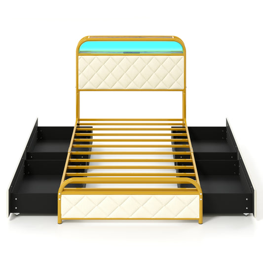 Gold twin size bed frame with LED lights and built-in charging station, modern bedroom furniture by Wilsons Home Store