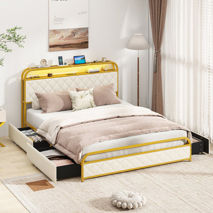Twin/Full/Queen Size Bed Frame with LED Lights and Charging Station Gold-Full Size