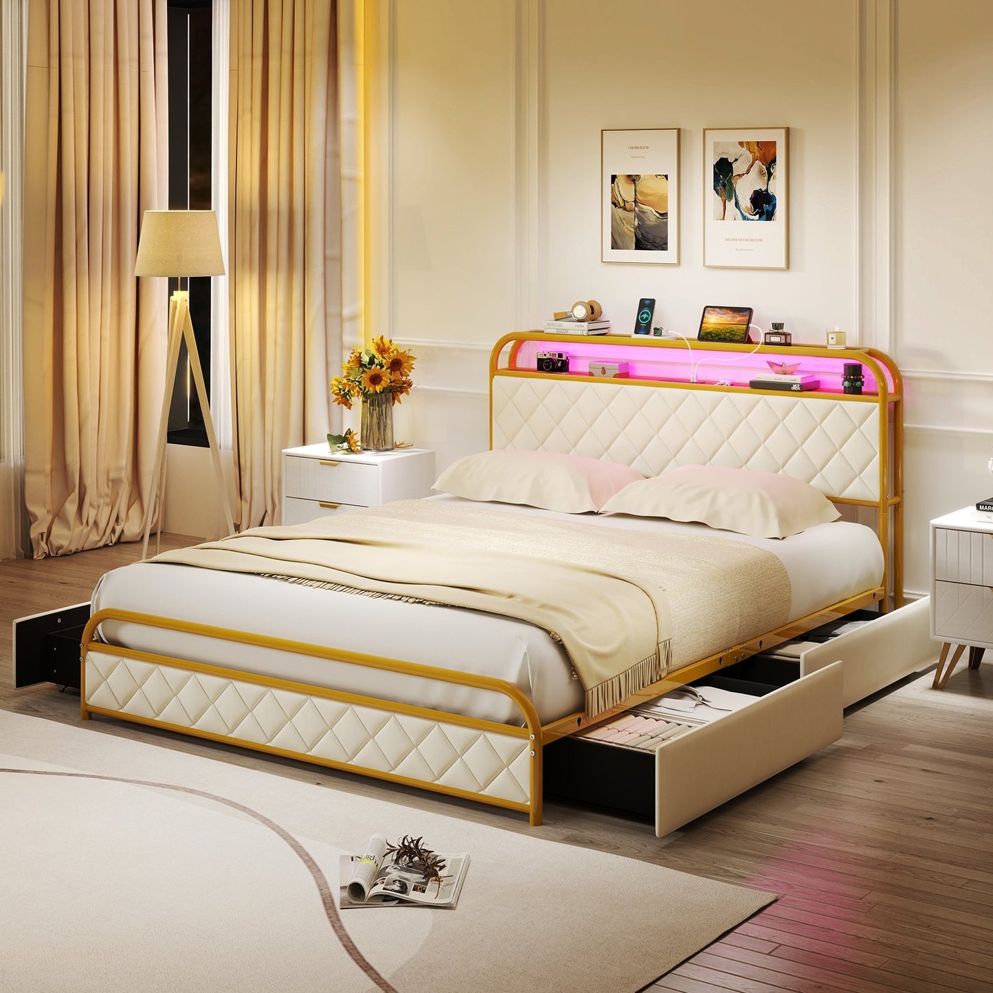 Twin/Full/Queen Size Bed Frame with LED Lights and Charging Station Gold-Full Size