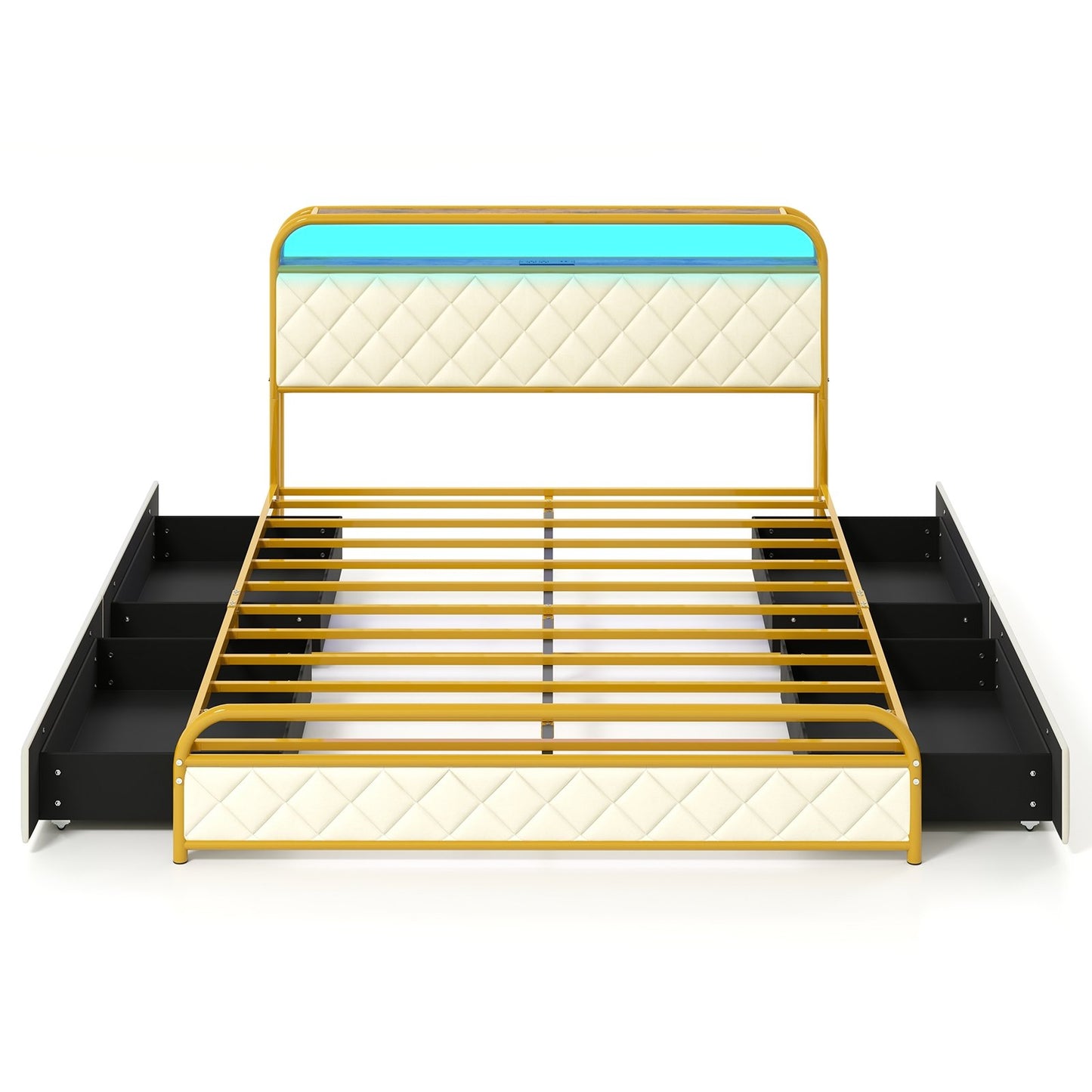 Twin/Full/Queen Size Bed Frame with LED Lights and Charging Station Gold-Full Size