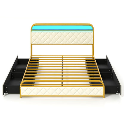 Twin/Full/Queen Size Bed Frame with LED Lights and Charging Station Gold-Full Size