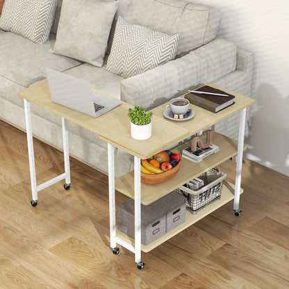 360° Rotating Sofa Side Table with 2-Tier Storage Shelves-Brown