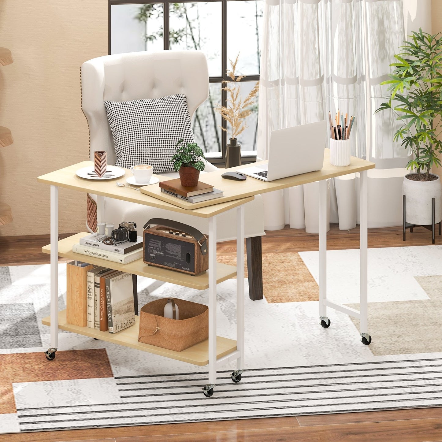 360° Rotating Sofa Side Table with 2-Tier Storage Shelves-Brown