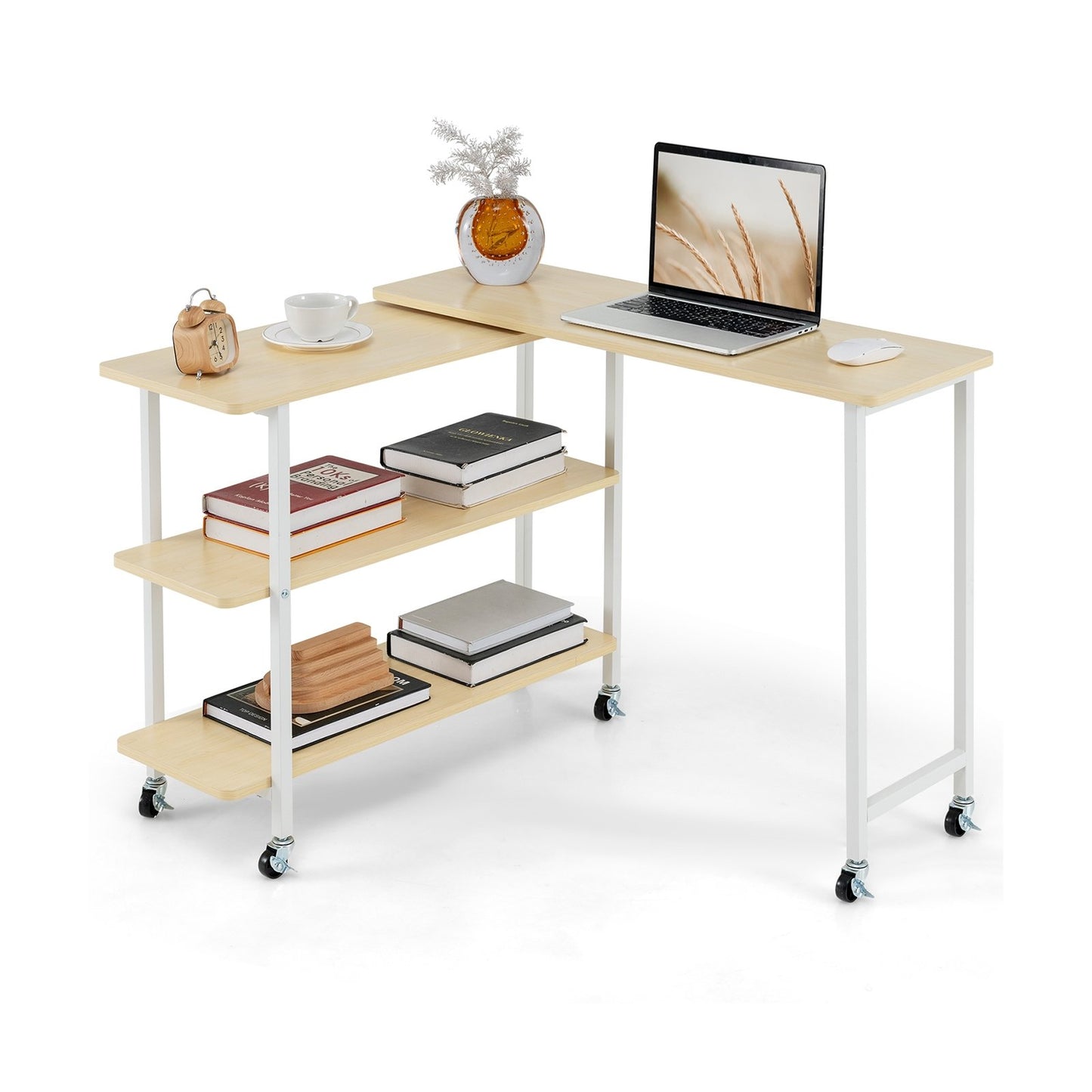 360° Rotating Sofa Side Table with 2-Tier Storage Shelves-Brown