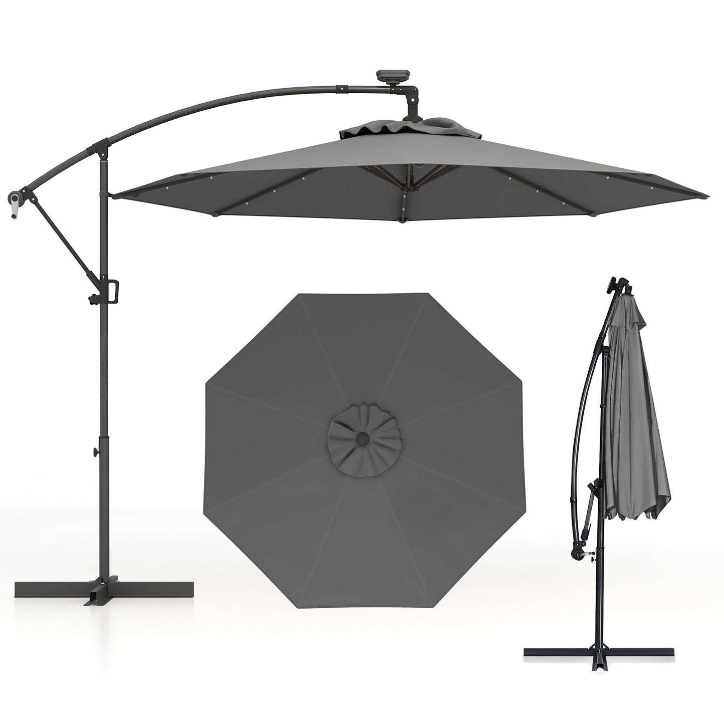 10 ft 360° Rotation Solar Powered LED Patio Offset Umbrella without Weight Base-Beige