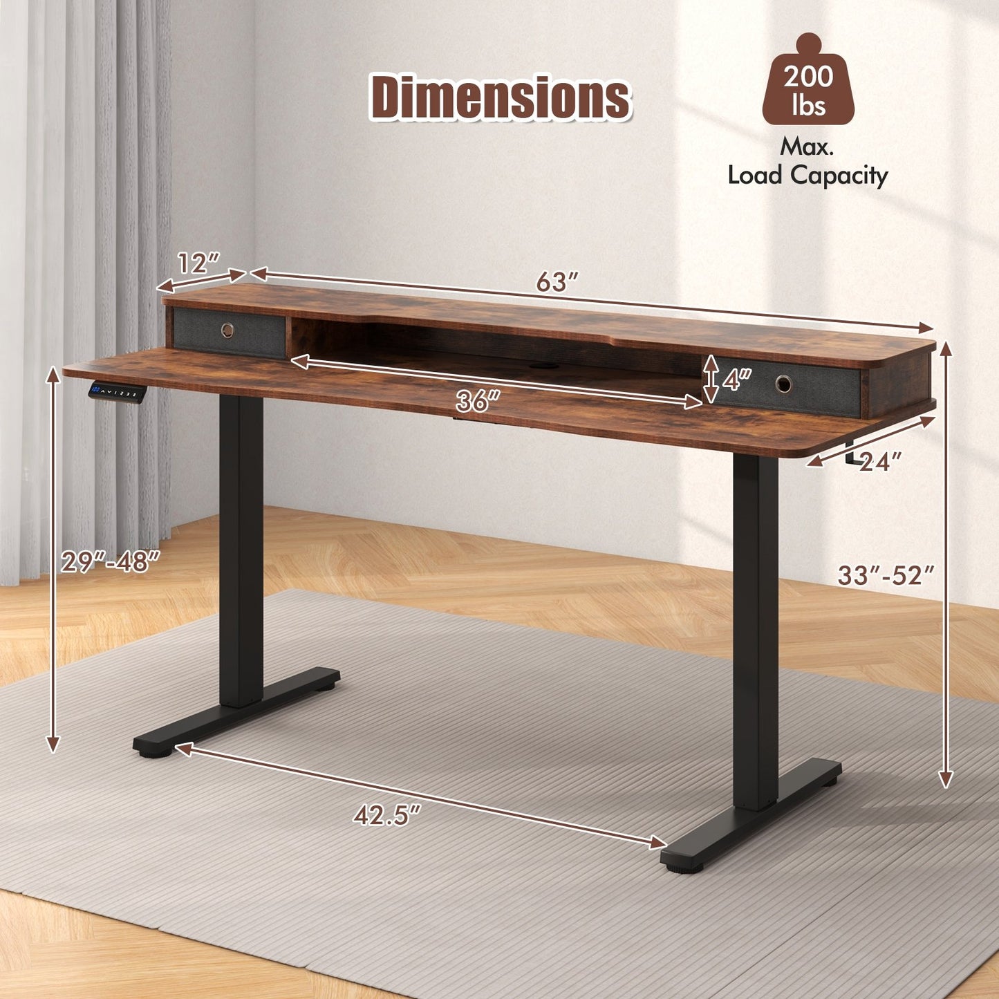 63 Inch x 24 Inch Electric Standing Desk with 2 Drawers-Black