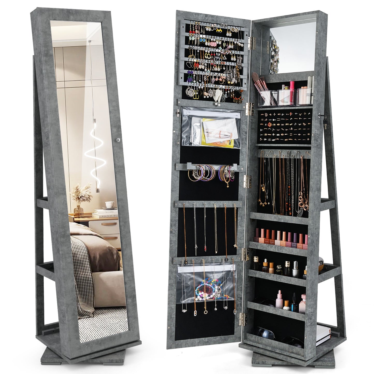 360° Rotatable 2-in-1 Lockable Jewelry Cabinet with Full-Length Mirror-Black