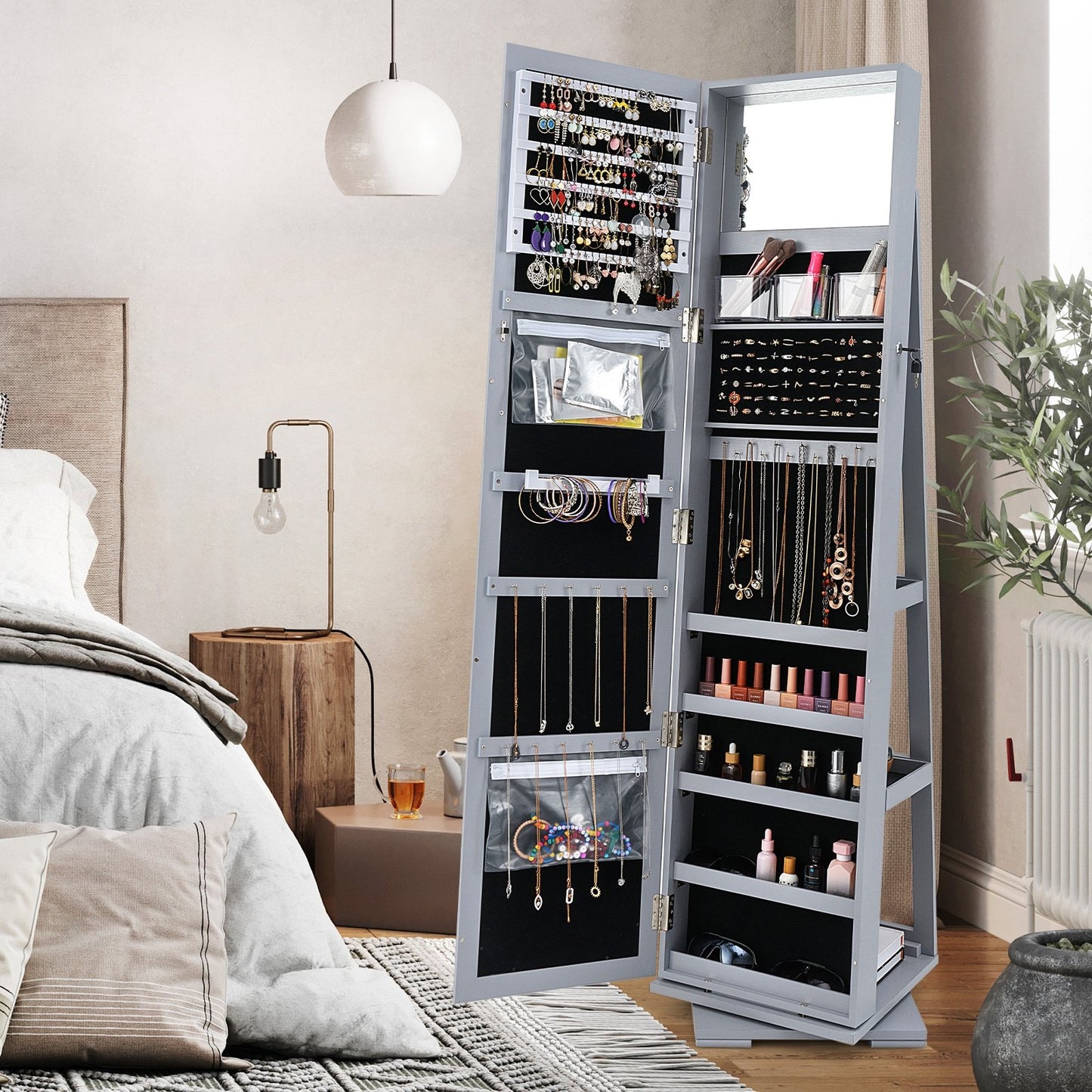 360° Rotatable 2-in-1 Lockable Jewelry Cabinet with Full-Length Mirror-Black