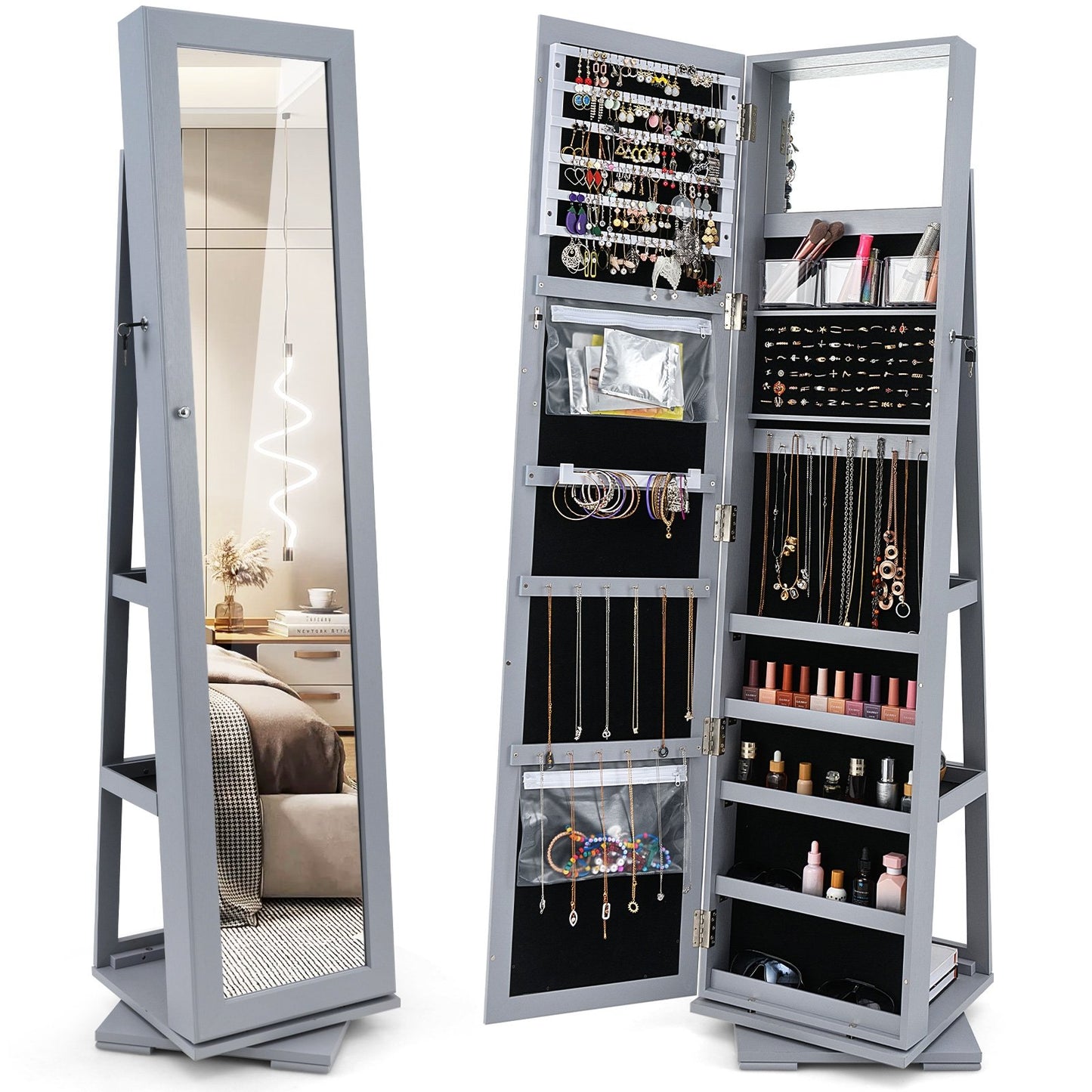 360° Rotatable 2-in-1 Lockable Jewelry Cabinet with Full-Length Mirror-Black