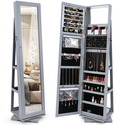 360° Rotatable 2-in-1 Lockable Jewelry Cabinet with Full-Length Mirror-Black