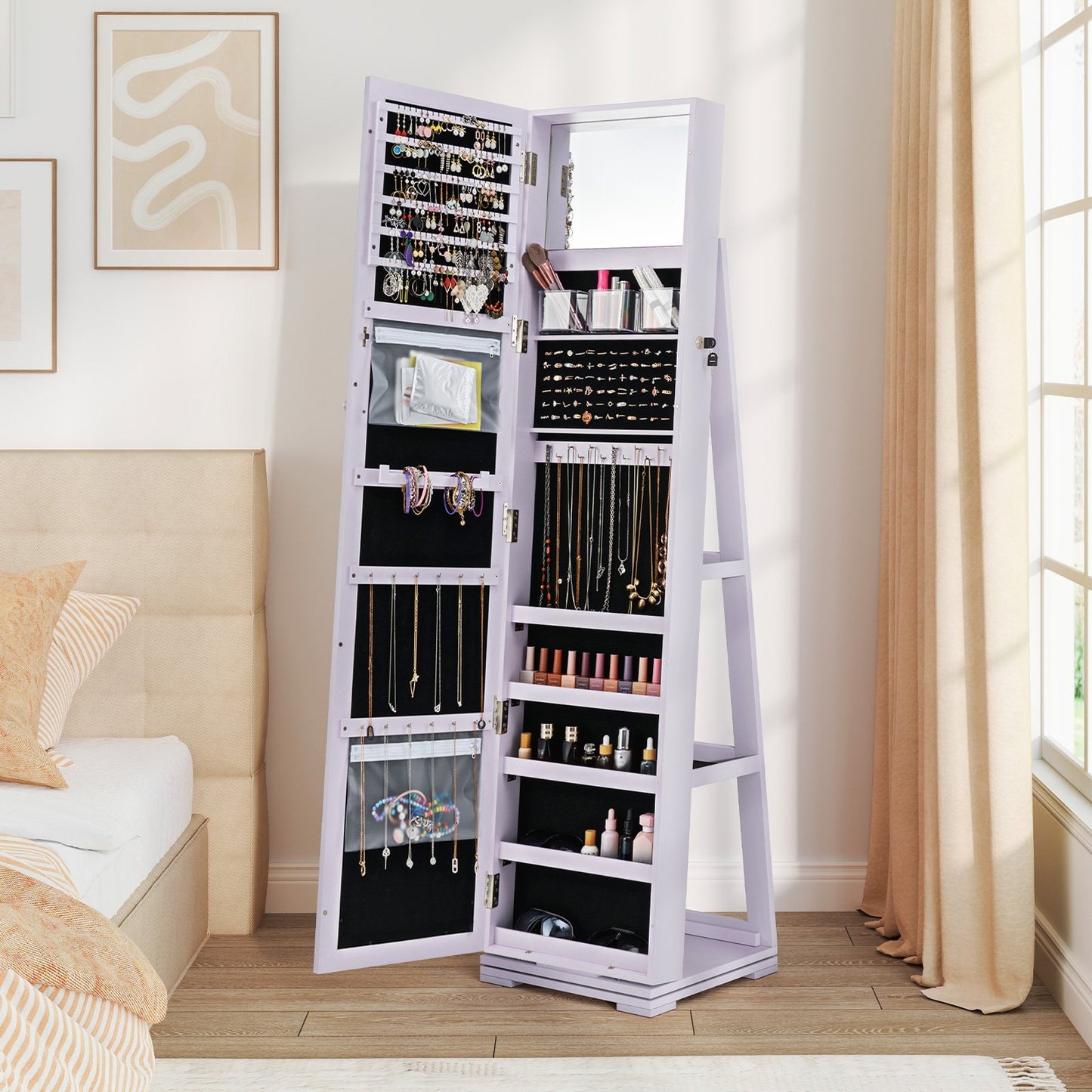 360° Rotatable 2-in-1 Lockable Jewelry Cabinet with Full-Length Mirror-Black