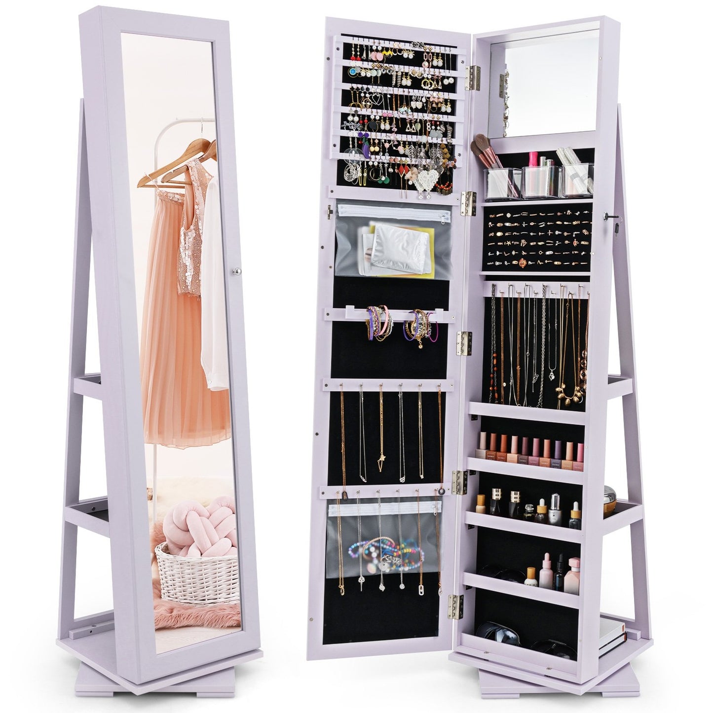 360° Rotatable 2-in-1 Lockable Jewelry Cabinet with Full-Length Mirror-Black